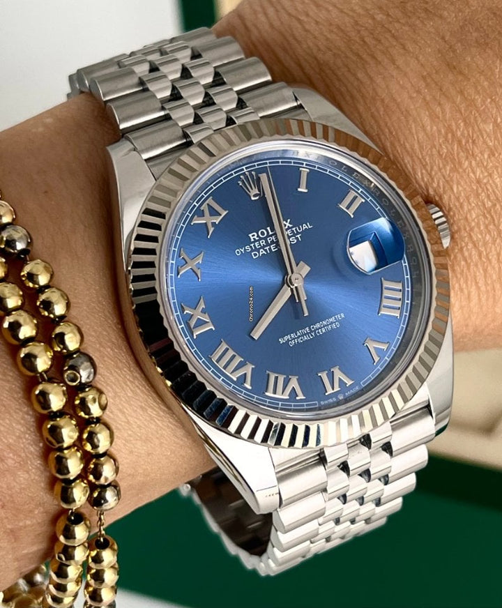 Datejust 41 18K Weißgold Lünette Jubille Blau Azzuro Zifferblatt Box Papiere