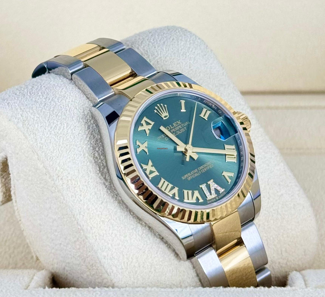 Rolex Datejust 31, grünes Zifferblatt, Diamanten auf 6 und 9, neu 2024