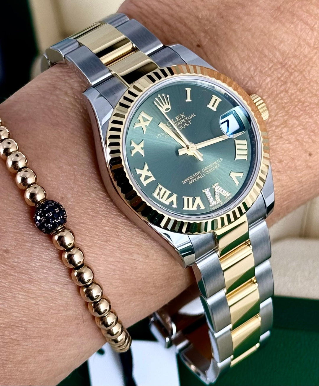 Rolex Datejust 31, grünes Zifferblatt, Diamanten auf 6 und 9, neu 2024