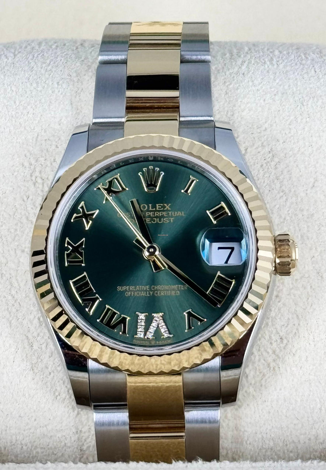 Rolex Datejust 31, grünes Zifferblatt, Diamanten auf 6 und 9, neu 2024