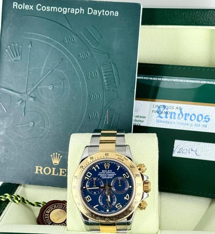 Rolex Daytona Blue Racing Dial Full set 2014 Like new Steel and Gold