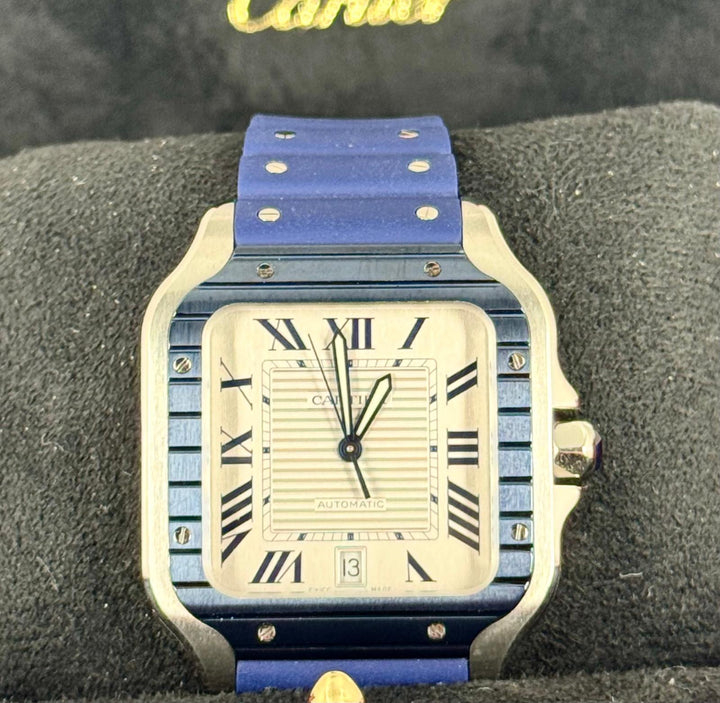 Santos De Cartier 11/2024 NEU Großes Zifferblatt Blaue Keramiklünette