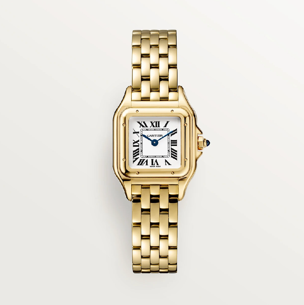 Cartier Panthère SM 750 Yellow Gold – Classic White Dial with Blue Sapphire Crown