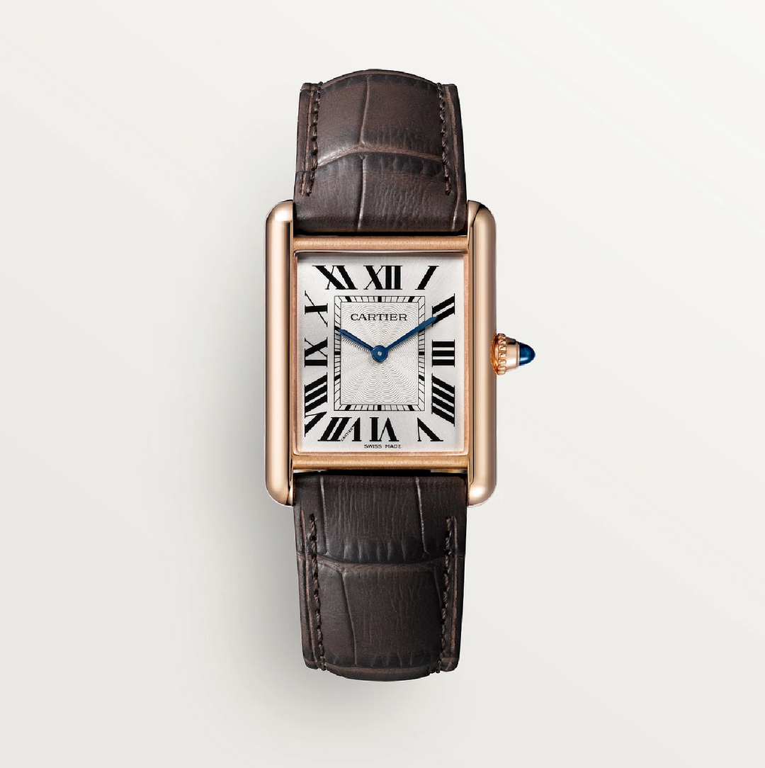 Cartier Tank Louis Cartier Small 750 Yellow Gold Silver Dial Quartz Watch (Brown Strap)