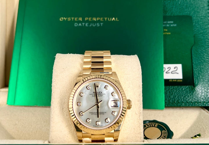 Datejust 31 Perlmutt-Diamanten-Zifferblatt 18 Karat Gold 2022 NEU, vollständige Aufkleber