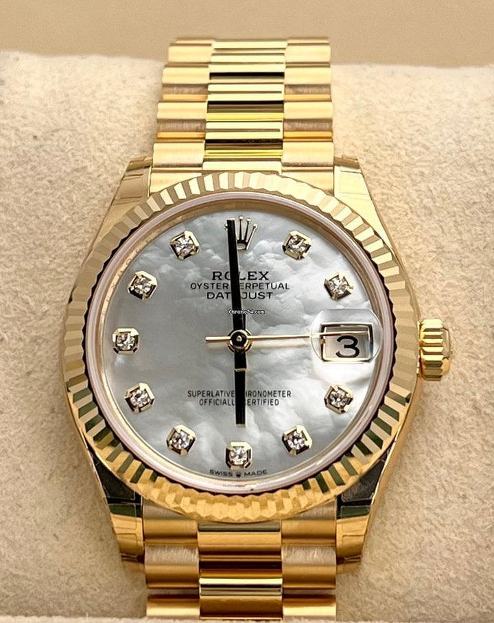 Datejust 31 Perlmutt-Diamanten-Zifferblatt 18 Karat Gold 2022 NEU, vollständige Aufkleber