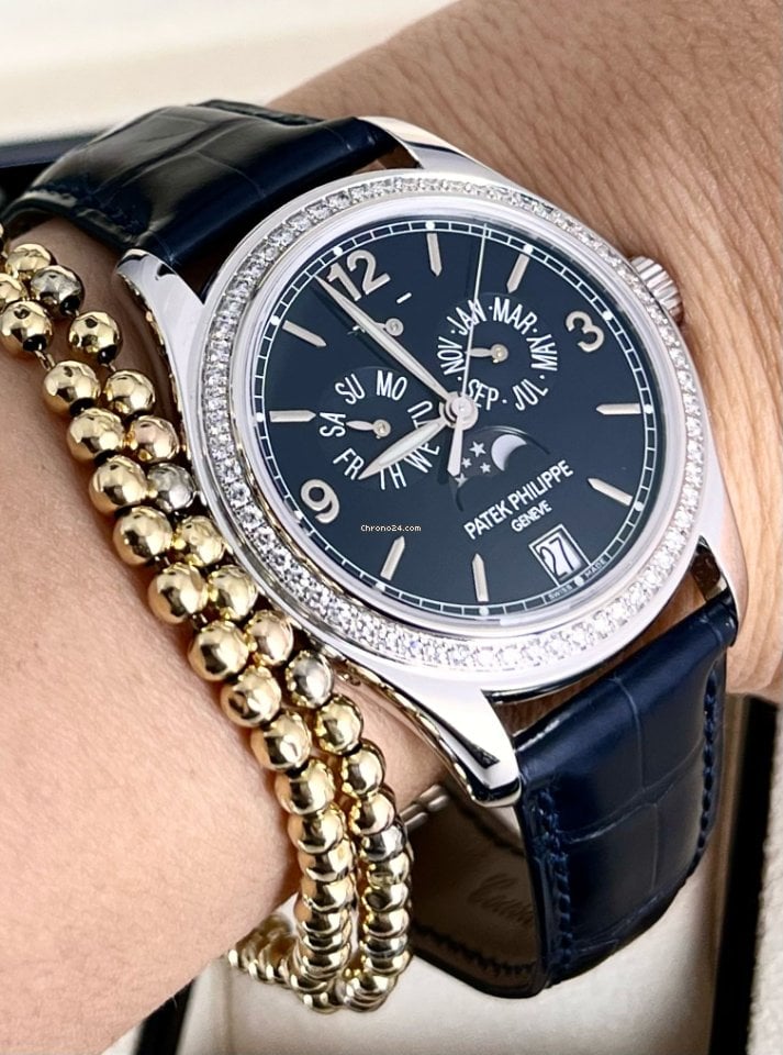 Jahreskalender 39 mm Blaues Zifferblatt Werksdiamanten-Lünette