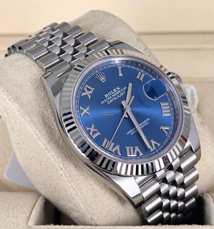 Datejust 41 18K Weißgoldlünette, Jubilee-Armband, blaues Azzurro-Zifferblatt, Box und Papiere