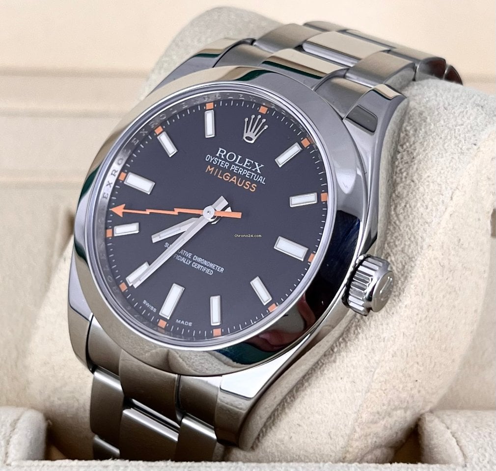 Milgauss zertifiziert, schwarzes Zifferblatt mit orangefarbenen Akzenten, nur Uhr, sehr guter Zustand, Service 2024