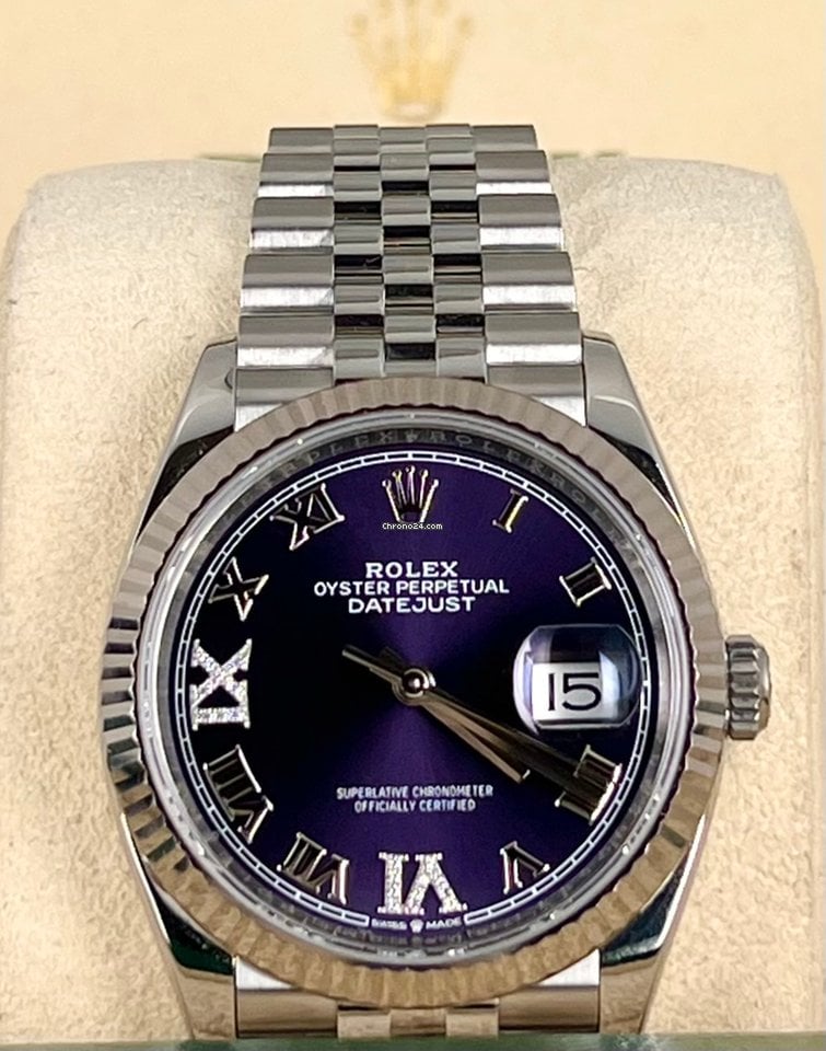 Datejust 36 Aubergine-Zifferblatt mit Diamanten, 18K Weißgoldlünette