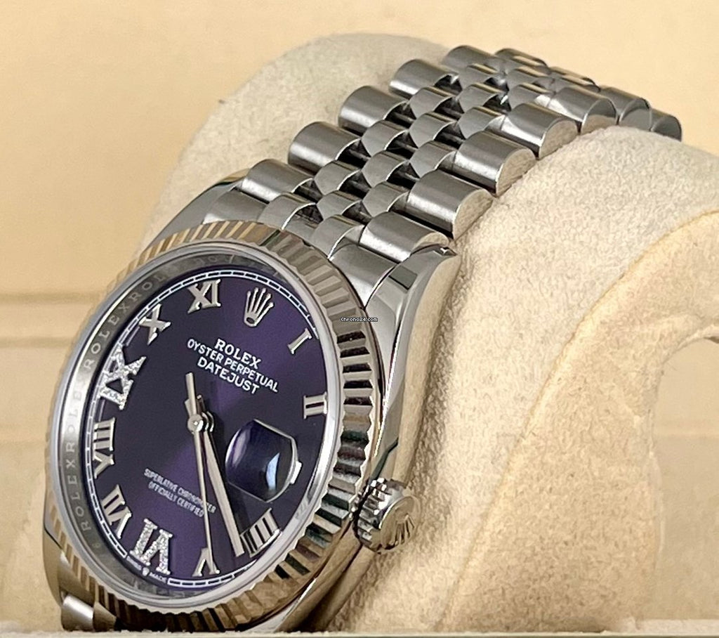 Datejust 36 Aubergine-Zifferblatt mit Diamanten, 18K Weißgoldlünette