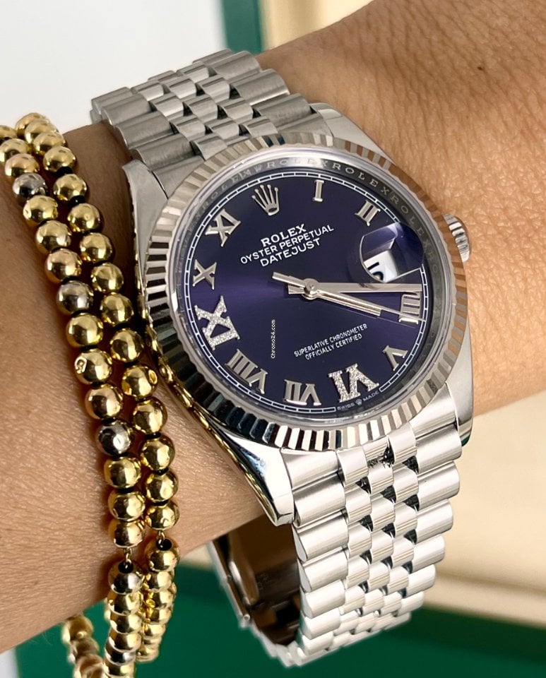 Datejust 36 Aubergine-Zifferblatt mit Diamanten, 18K Weißgoldlünette