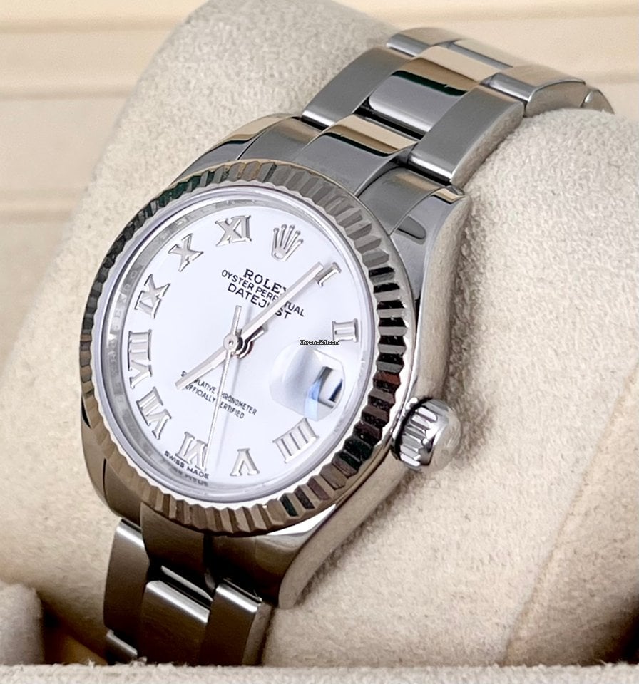 Lady-Datejust 28 mm, Box und Papiere, wie neu, Weißgoldlünette