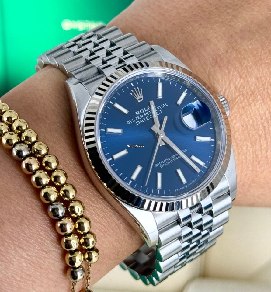 Datejust 36 blaues Stick-Zifferblatt, Jubilé-Band, 18K Weißgoldlünette