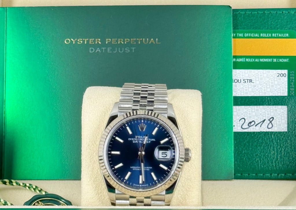 Datejust 36 blaues Stick-Zifferblatt, Jubilé-Band, 18K Weißgoldlünette