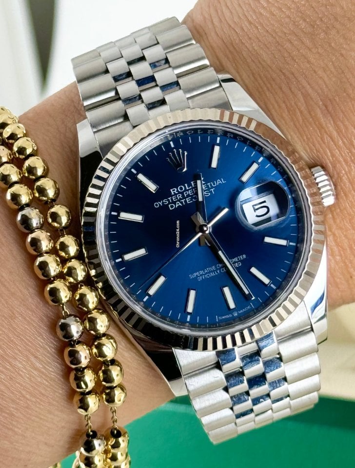 Datejust 36 blaues Stick-Zifferblatt, Jubilé-Band, 18K Weißgoldlünette