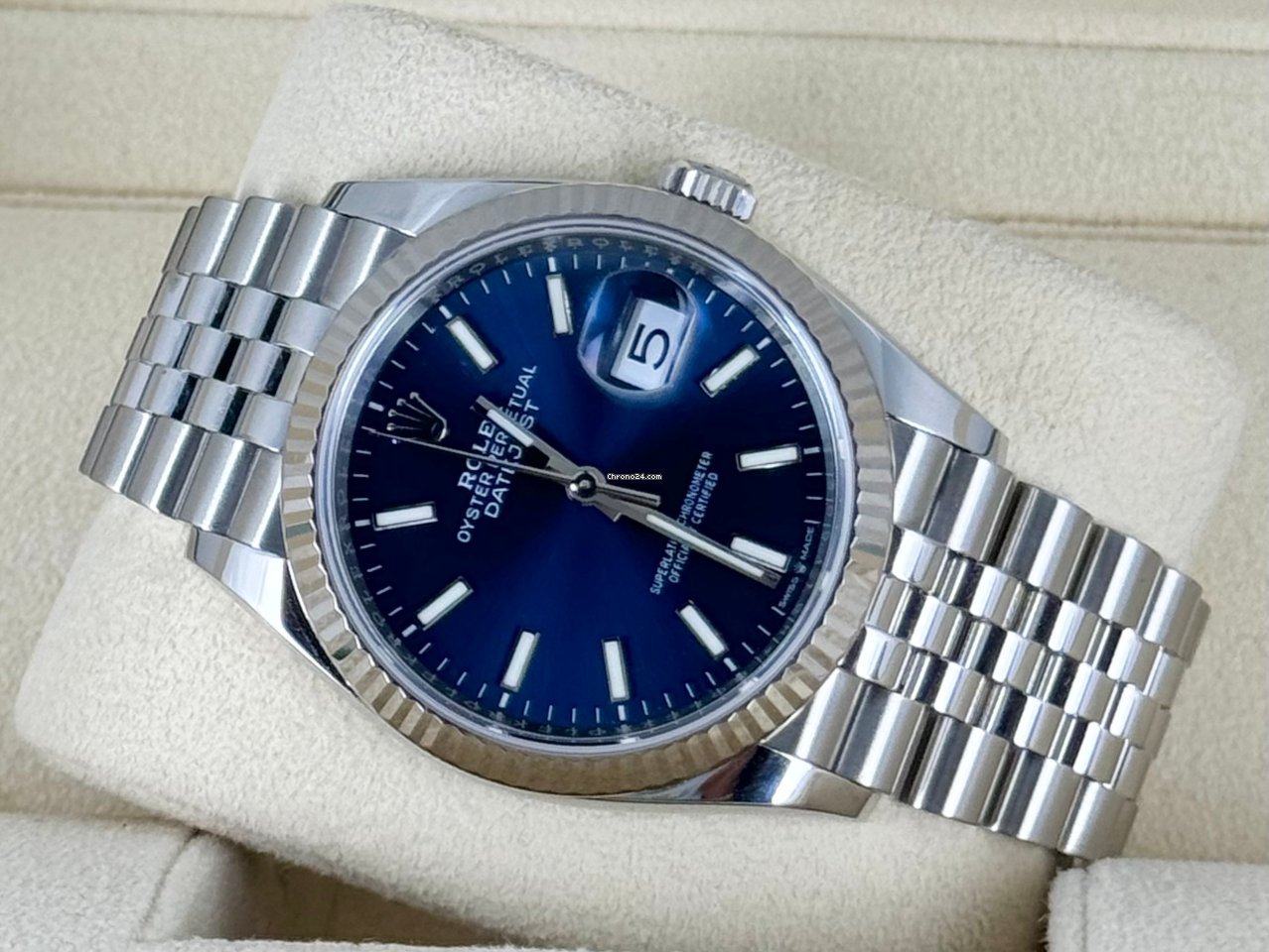 Datejust 36 blaues Stick-Zifferblatt, Jubilé-Band, 18K Weißgoldlünette