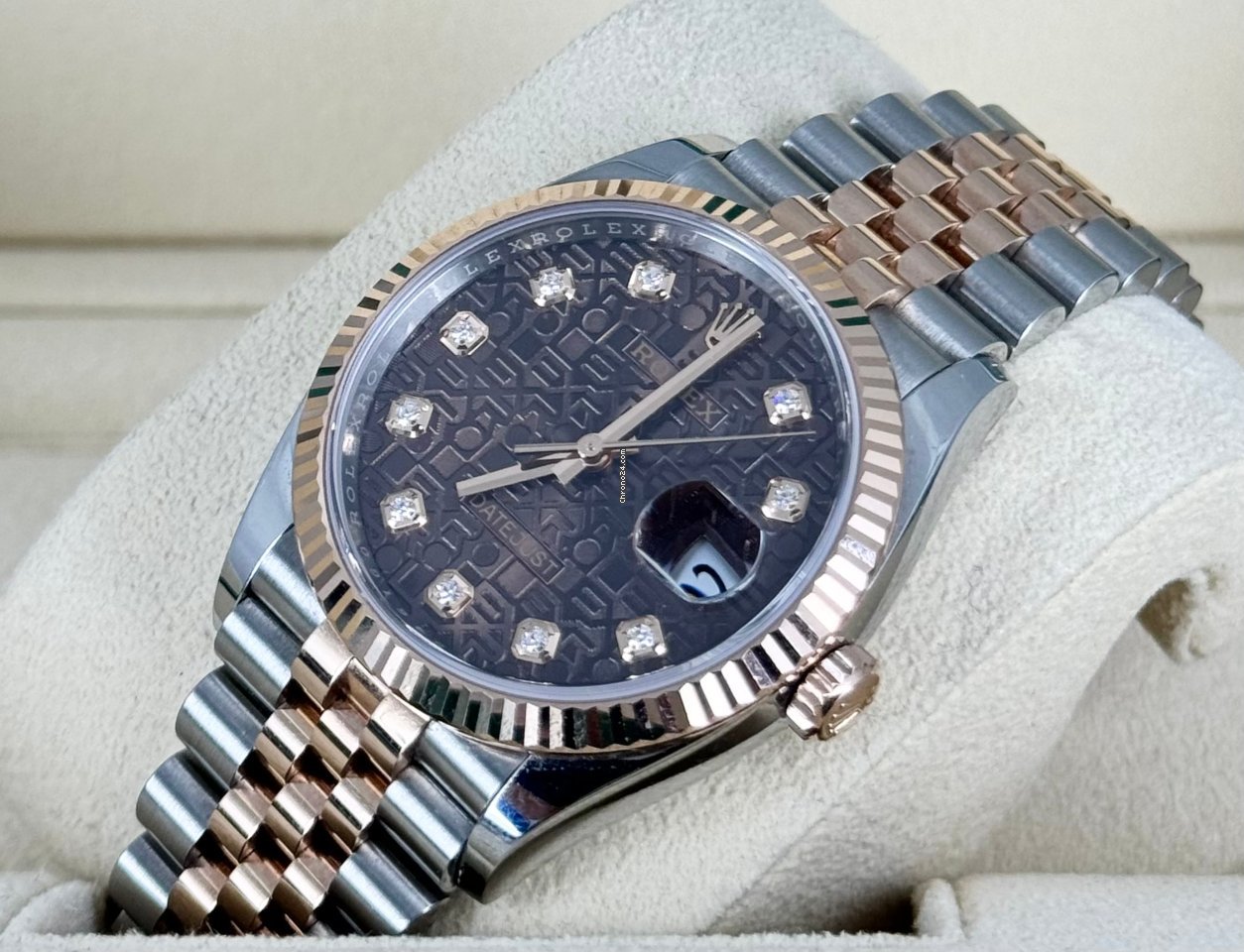 Datejust 36 zertifiziert, Roségold, schokoladenfarbenes Zifferblatt mit Diamanten, Jubilé-Band, 2021, 99 % neu, teilweise Sticker