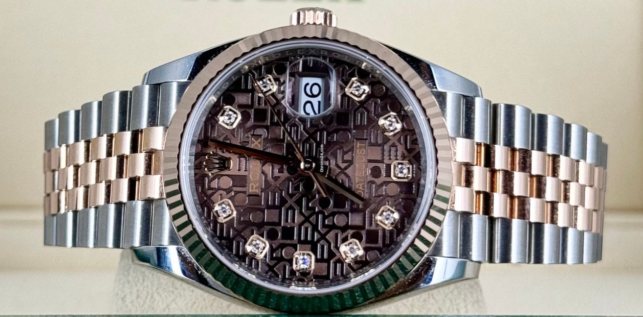Datejust 36 zertifiziert, Roségold, schokoladenfarbenes Zifferblatt mit Diamanten, Jubilé-Band, 2021, 99 % neu, teilweise Sticker