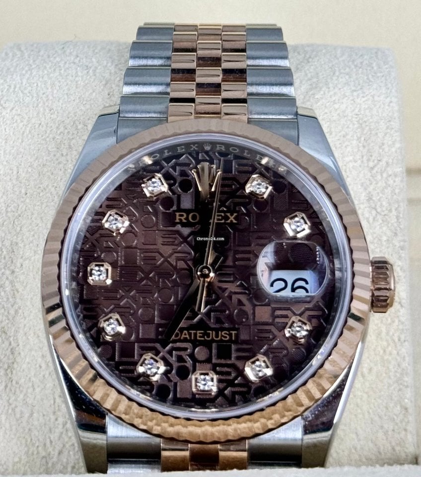 Datejust 36 zertifiziert, Roségold, schokoladenfarbenes Zifferblatt mit Diamanten, Jubilé-Band, 2021, 99 % neu, teilweise Sticker