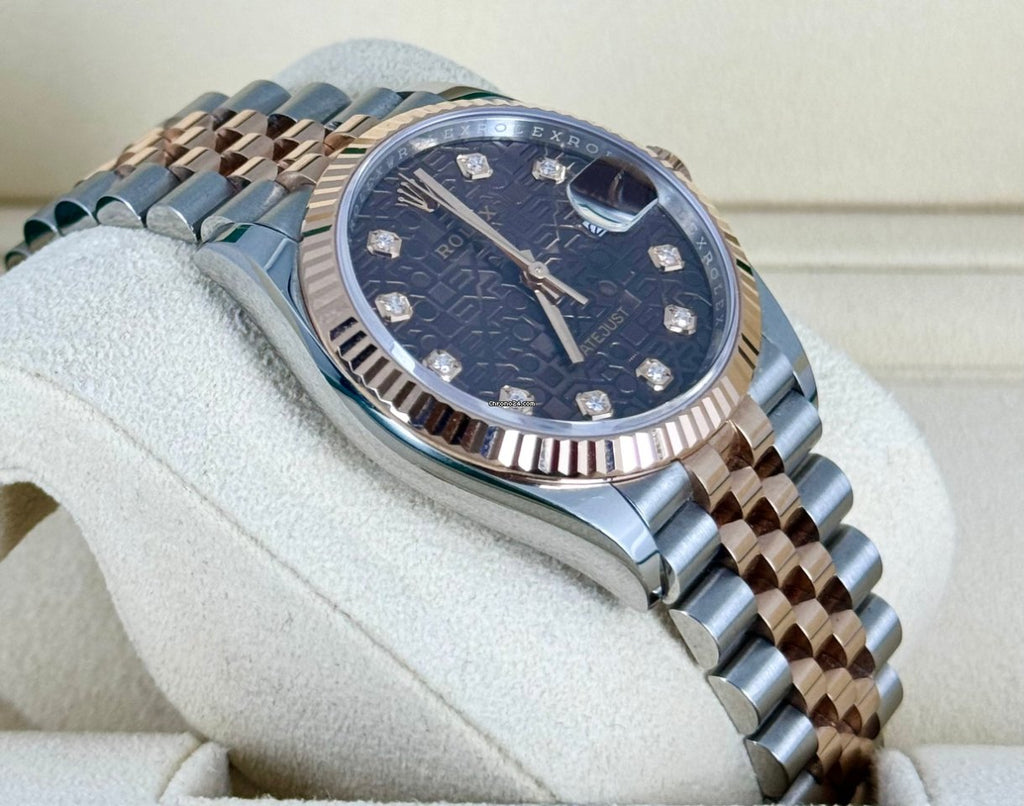 Datejust 36 zertifiziert, Roségold, schokoladenfarbenes Zifferblatt mit Diamanten, Jubilé-Band, 2021, 99 % neu, teilweise Sticker
