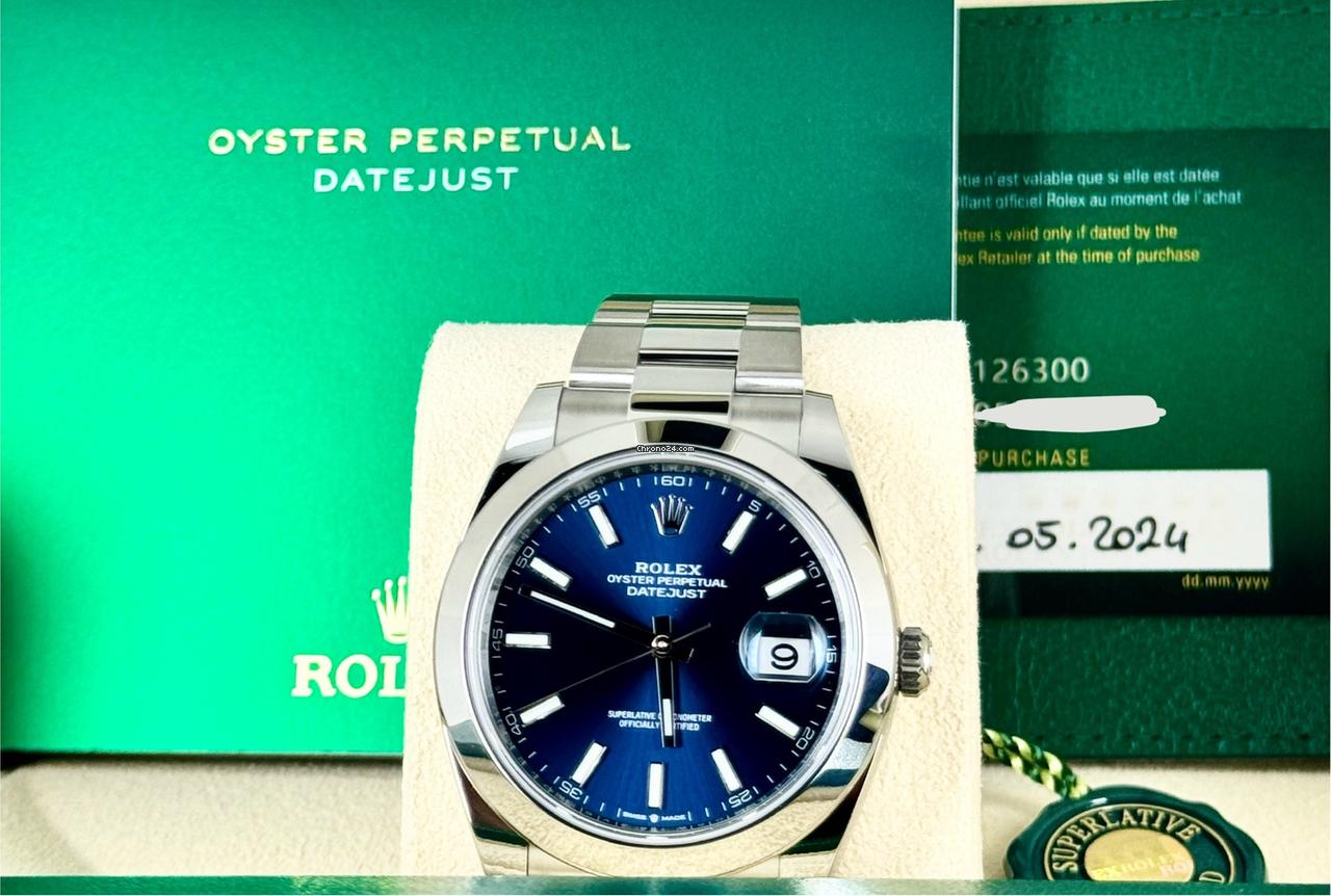 Datejust 41 Ref. 126300, blaues Stick-Zifferblatt, 2024, wie neu