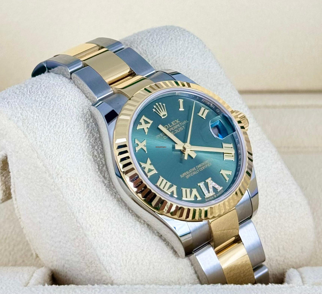 Rolex Datejust 31 grünes Zifferblatt mit Diamanten auf 6 und 9, neu, 2024