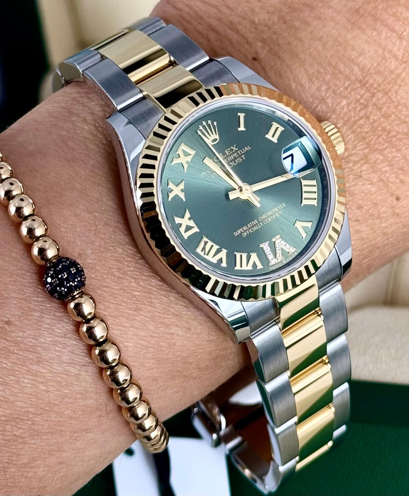 Rolex Datejust 31 grünes Zifferblatt mit Diamanten auf 6 und 9, neu, 2024