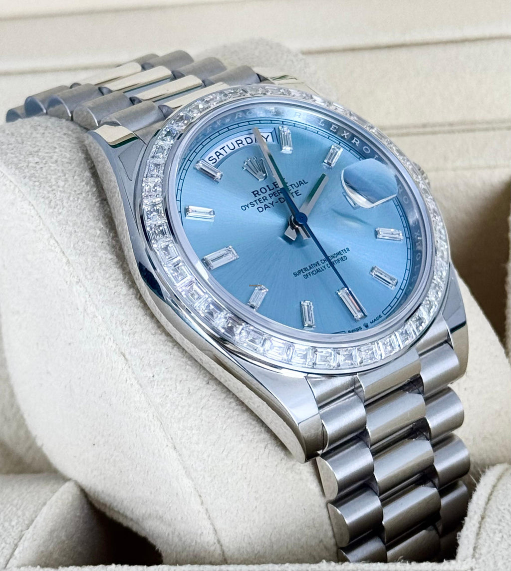 Day-Date 40 Platin mit Princess-Cut-Diamanten, vollständig ab Werk besetzt, 2022, neuwertig