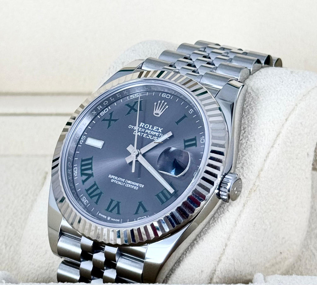 Rolex Datejust 41 zertifiziert, Weißgoldlünette, Wimbledon-Zifferblatt, Jubilé-Band, 2019, LC EU