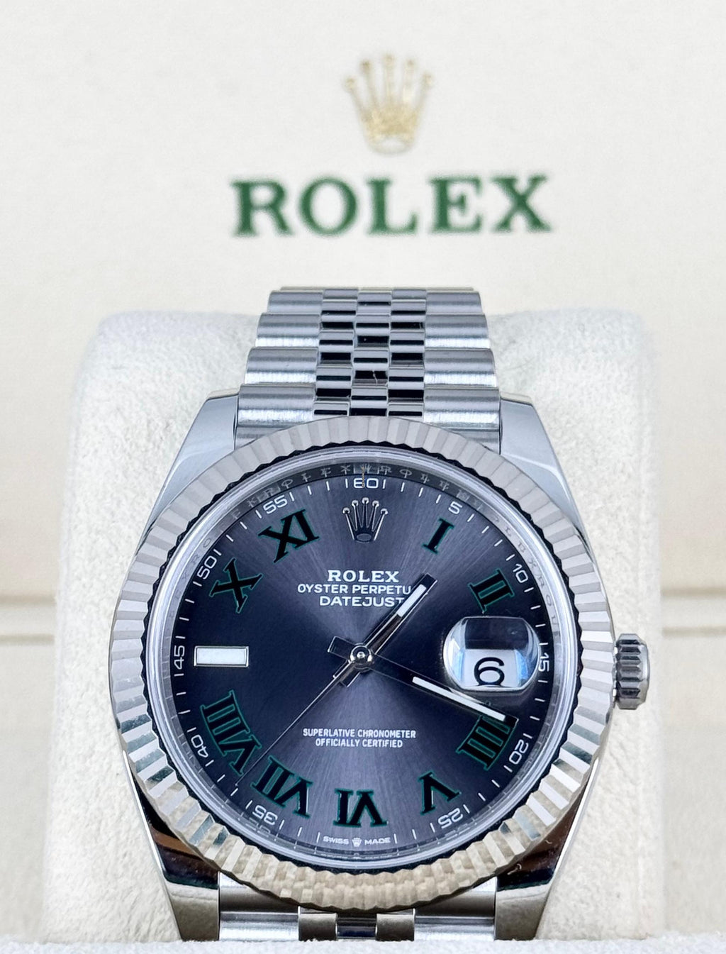 Rolex Datejust 41 zertifiziert, Weißgoldlünette, Wimbledon-Zifferblatt, Jubilé-Band, 2019, LC EU