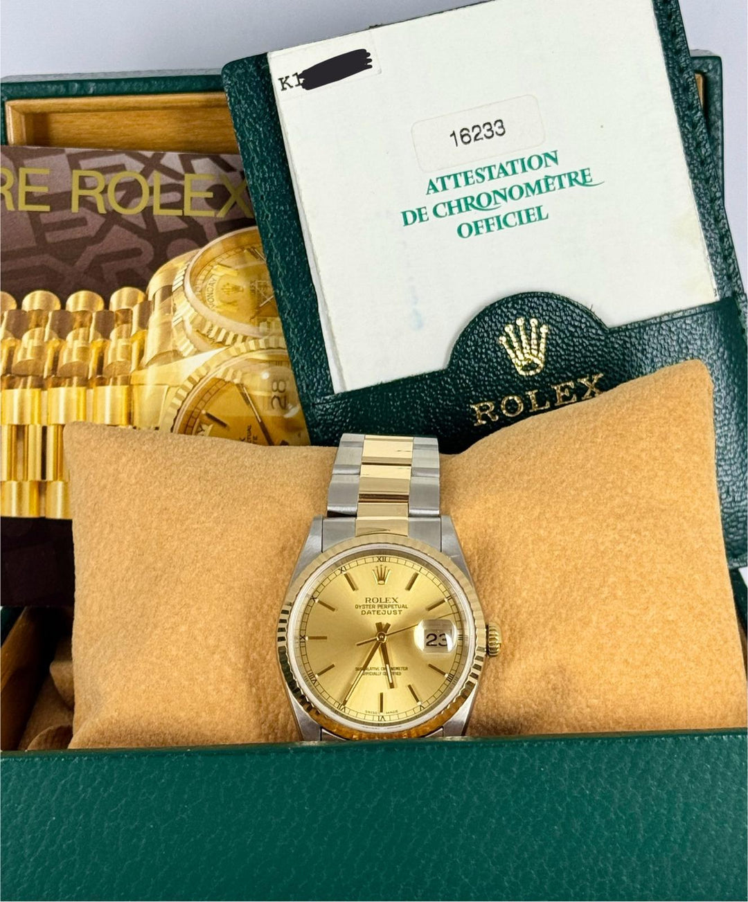 Rolex Datejust 36 Certified 18k Yellow Gold Full Set like New no Stratch Used (Very good) | Year of production 2002 | Original box | Original papers