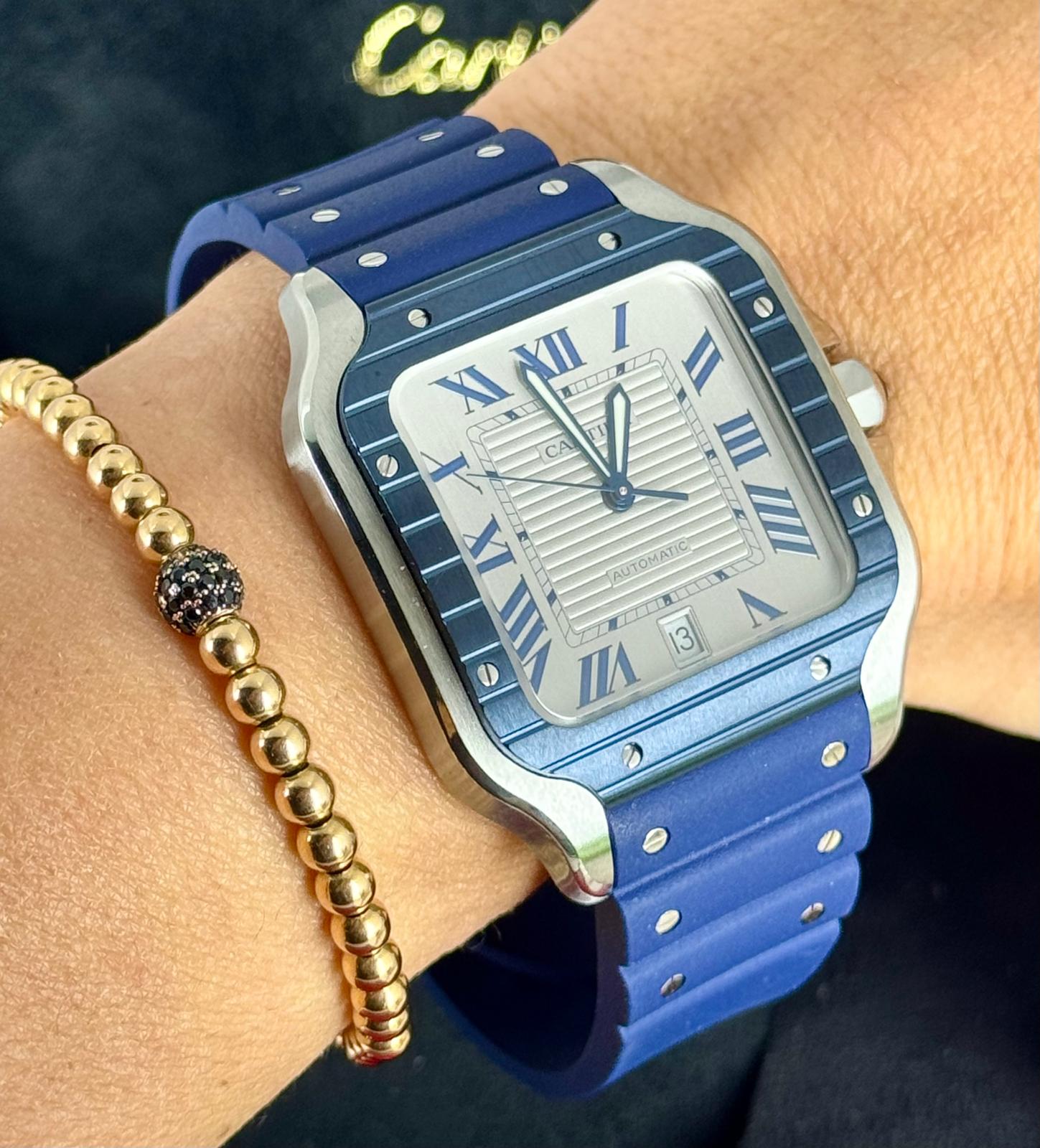 Santos de Cartier 11/2024 neu, großes Zifferblatt, blaue Keramiklünette