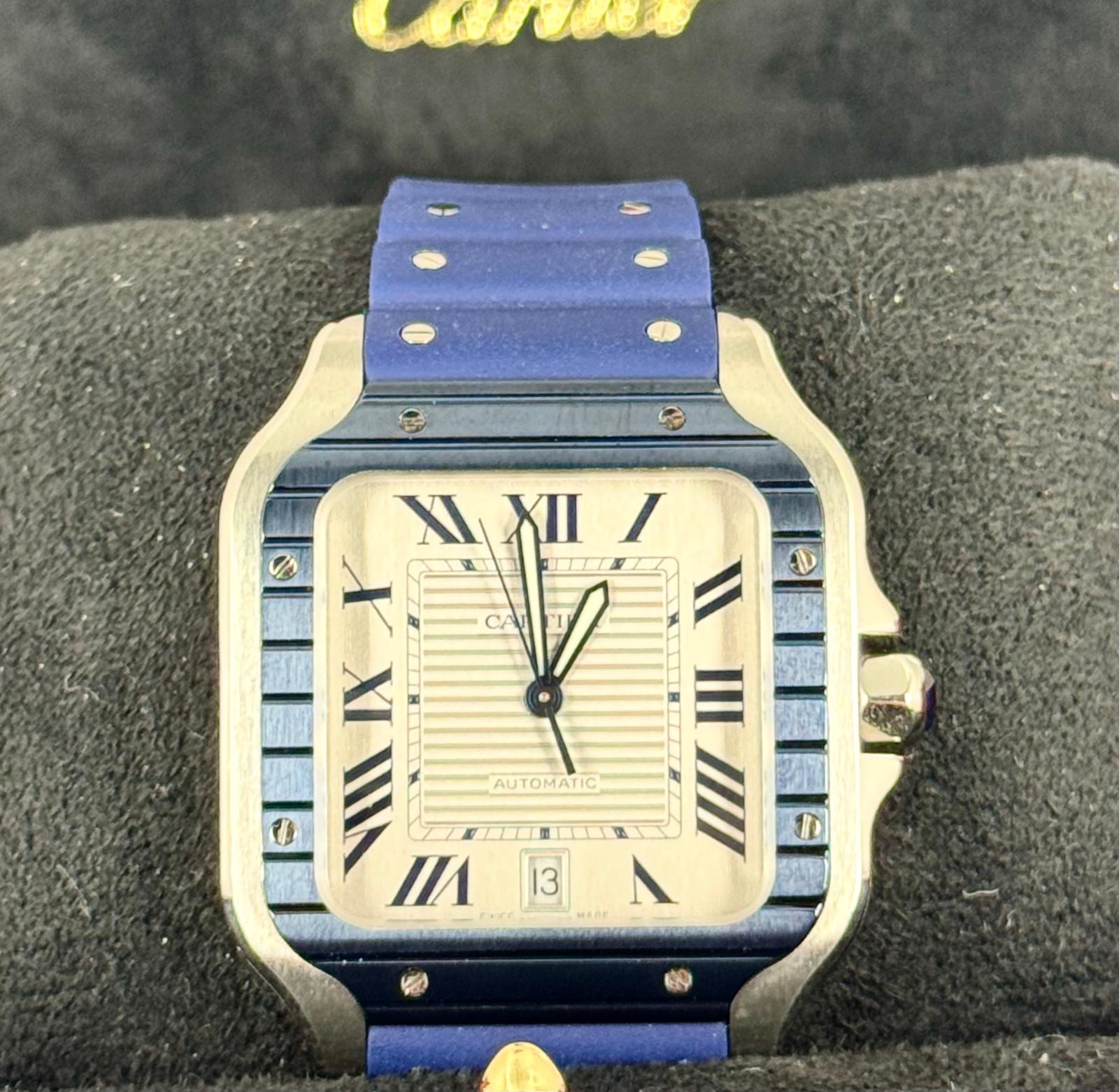 Santos de Cartier 11/2024 neu, großes Zifferblatt, blaue Keramiklünette