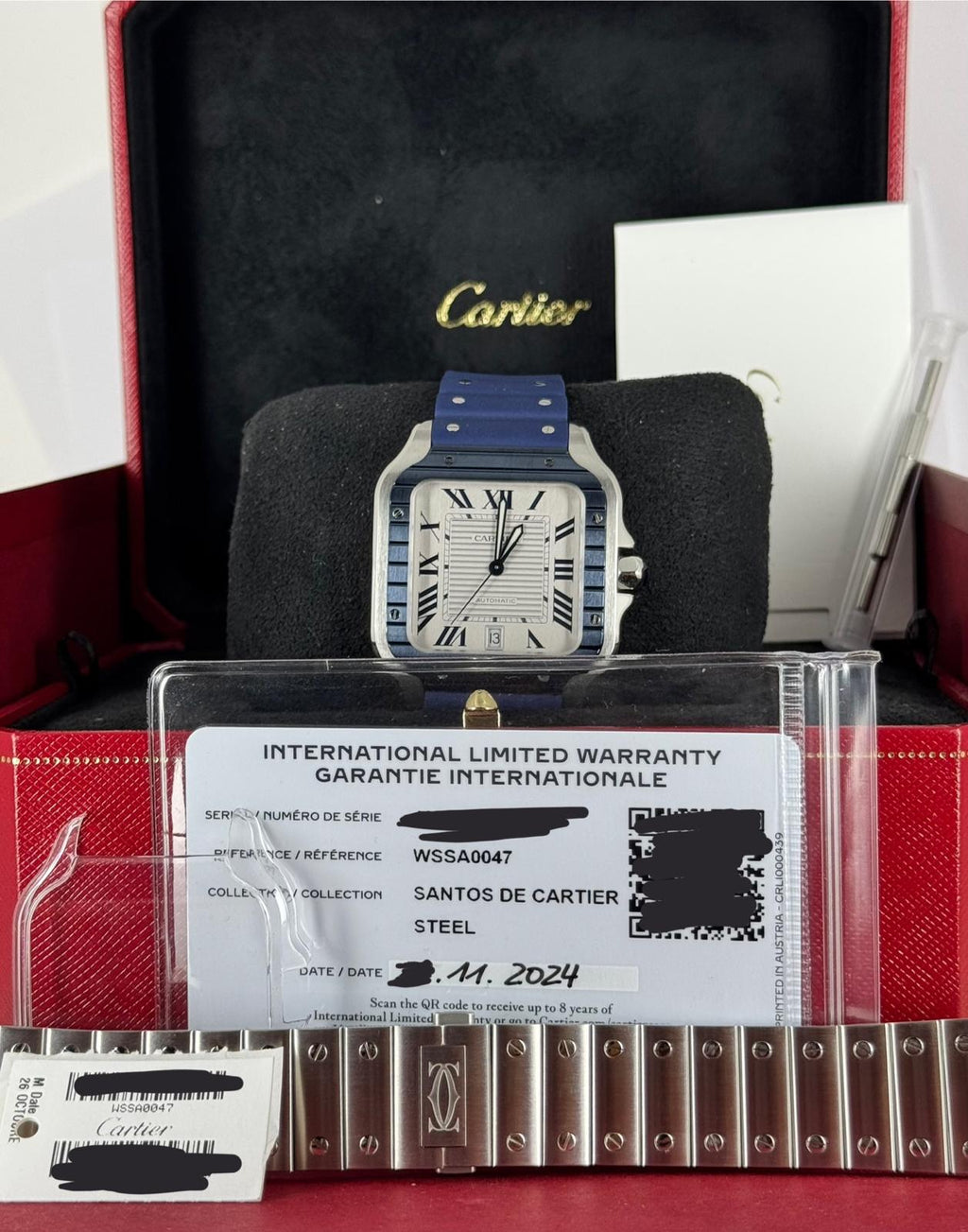 Santos de Cartier 11/2024 neu, großes Zifferblatt, blaue Keramiklünette