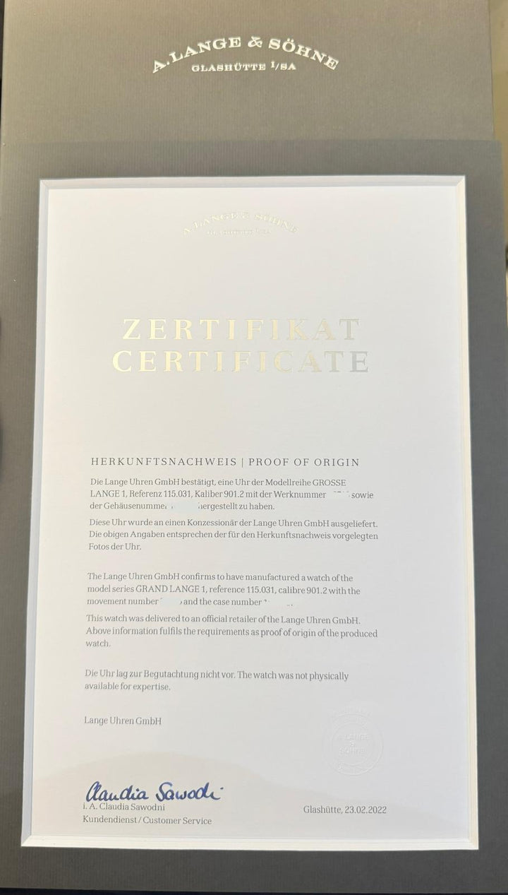 A. Lange & Söhne Grand Lange 1 With Lange & Sohne Certifacte Of Authenticty And Original Box
