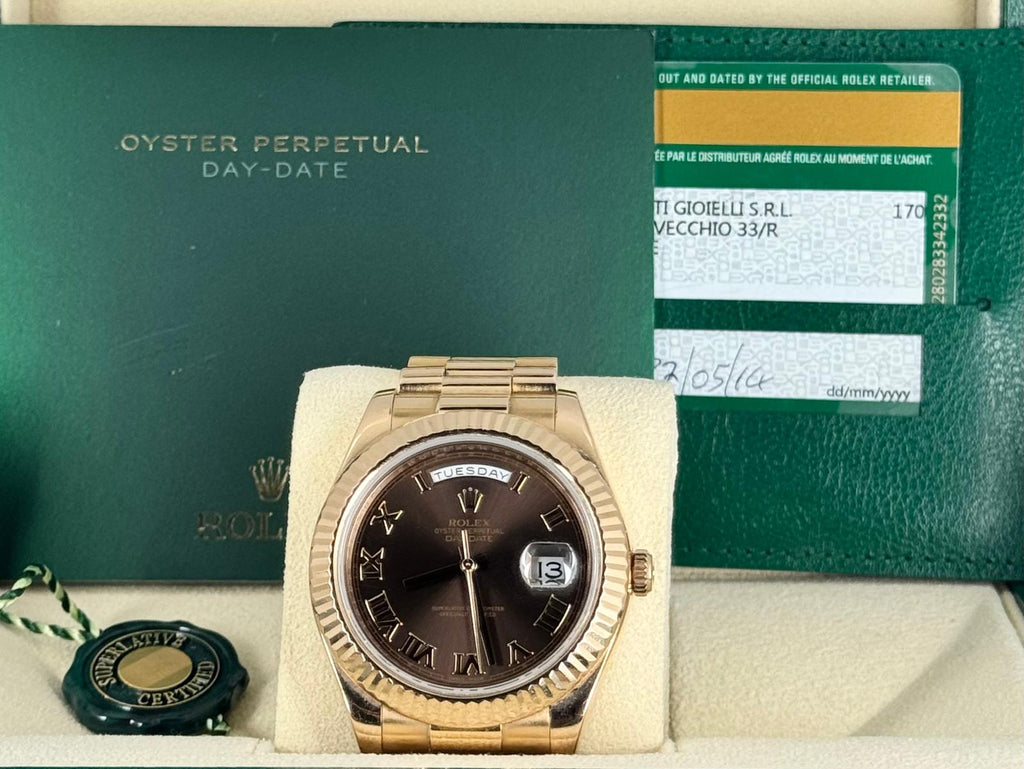 Rolex Day-Date II 41 mm Roségold Schokoladen-Zifferblatt 2015 Komplettset