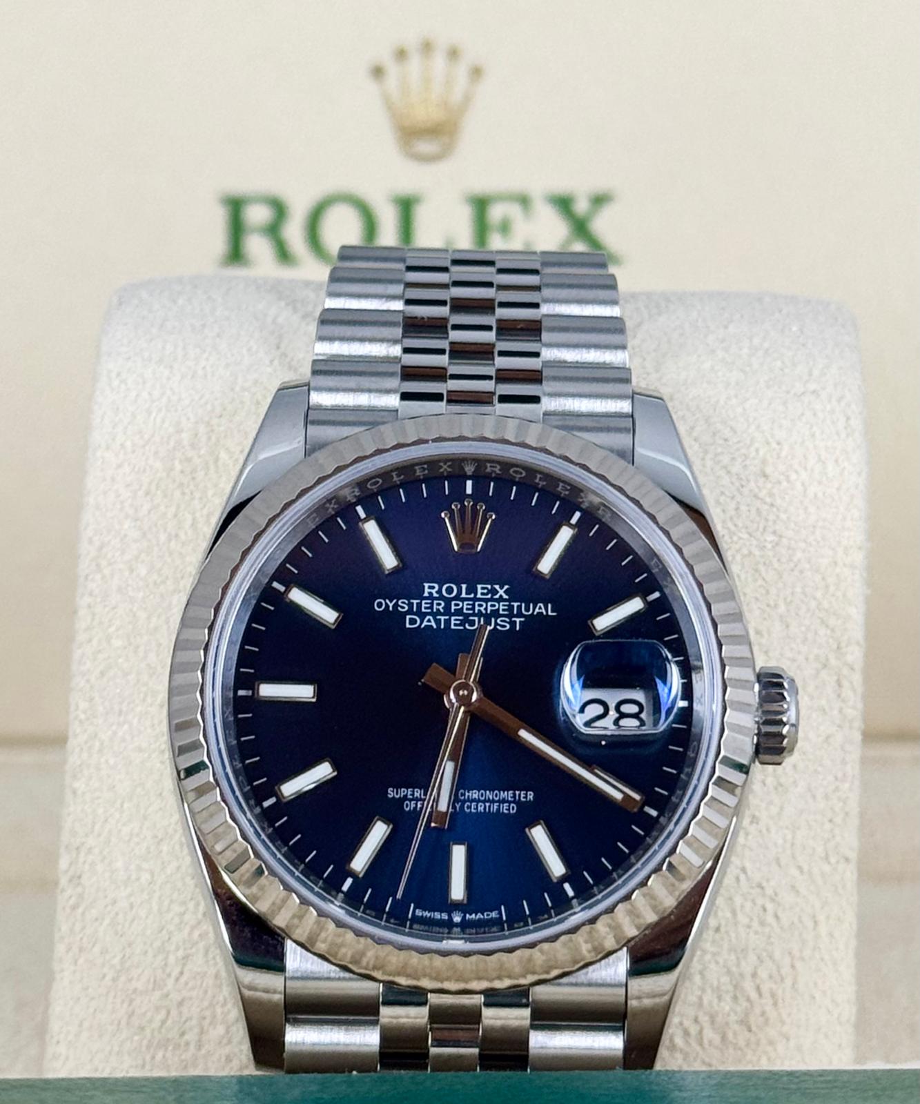 Rolex Datejust 36 Weißgold-Lünette Jubilee-Armband Blaues Zifferblatt mit Strichindizes Komplettset