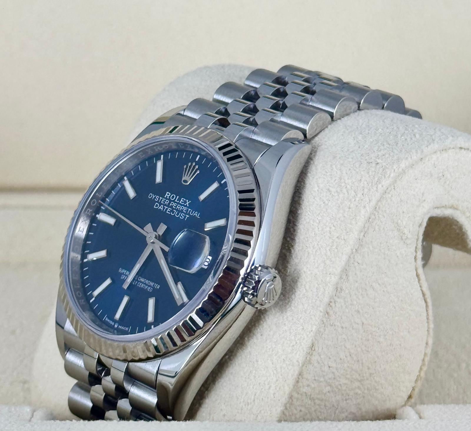 Rolex Datejust 36 Weißgold-Lünette Jubilee-Armband Blaues Zifferblatt mit Strichindizes Komplettset