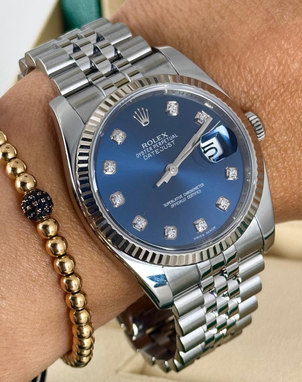 Rolex Datejust 36 Blaues Zifferblatt mit Diamanten am Jubilee-Armband Box und Papiere 2017 LC 100