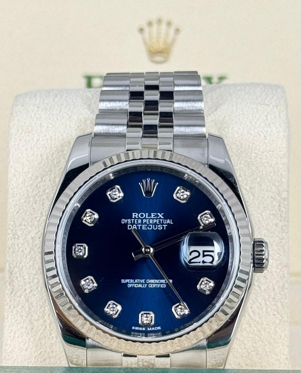 Rolex Datejust 36 Blaues Zifferblatt mit Diamanten am Jubilee-Armband Box und Papiere 2017 LC 100