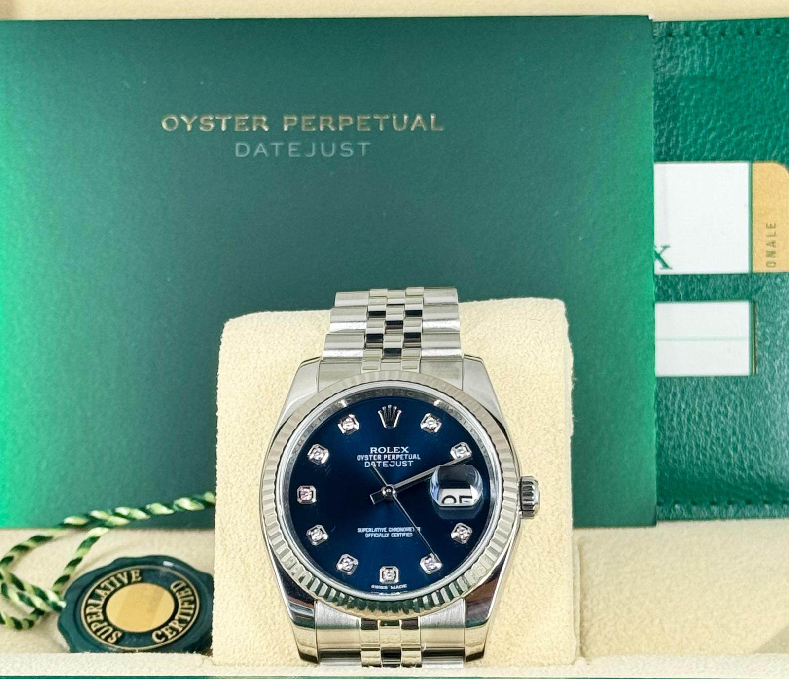 Rolex Datejust 36 Blaues Zifferblatt mit Diamanten am Jubilee-Armband Box und Papiere 2017 LC 100