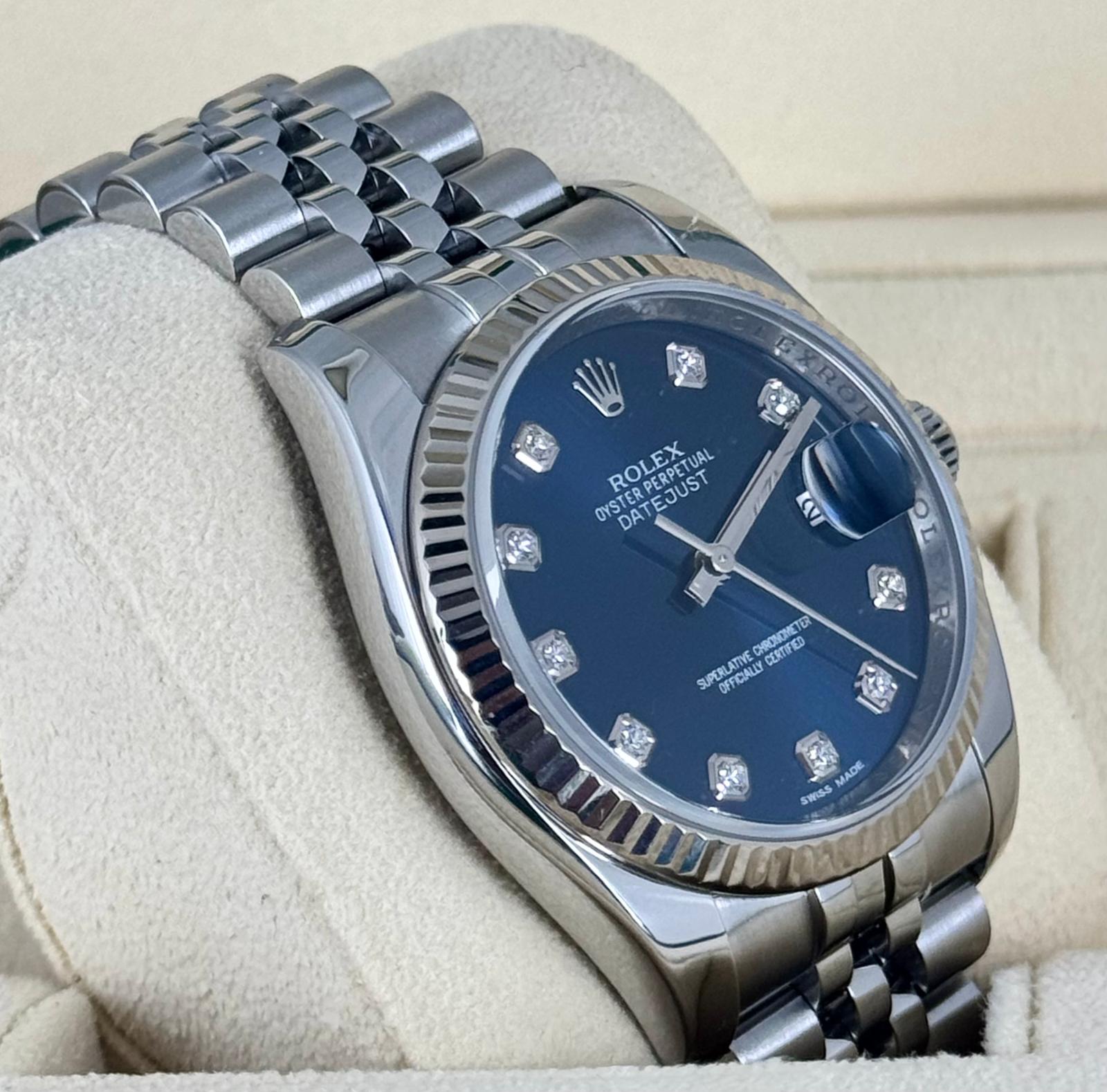 Rolex Datejust 36 Blaues Zifferblatt mit Diamanten am Jubilee-Armband Box und Papiere 2017 LC 100
