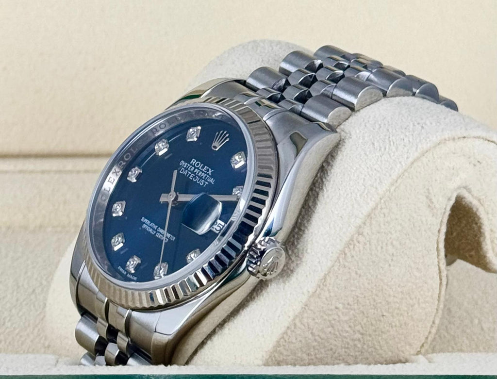 Rolex Datejust 36 Blaues Zifferblatt mit Diamanten am Jubilee-Armband Box und Papiere 2017 LC 100