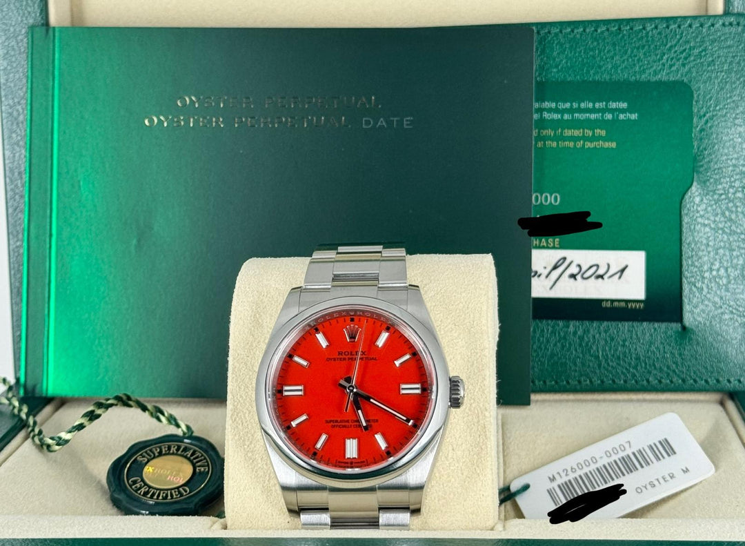 Rolex Oyster Perpetual 36 Coral RED dial Full Set 2021