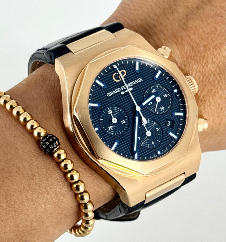 Girard Perregaux Laureato Chronograph 18 K PINK GOLD ON BLUE DIAL FULL SET BEST PRICE WORLD WIDE 2023 UNpolished Like NEW EXTRA FULL