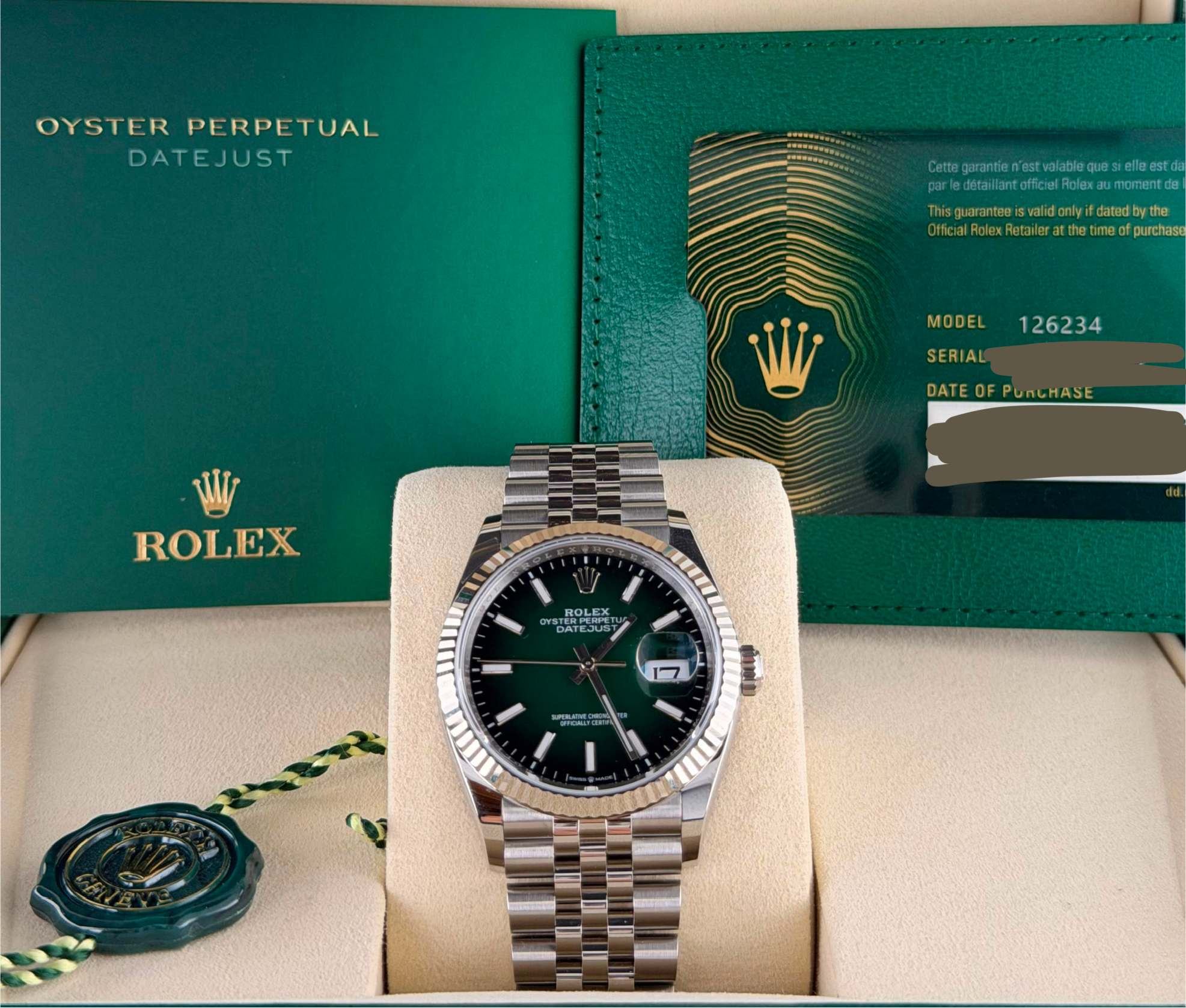 Rolex Datejust 36, Green Ombre, neu, Komplettset