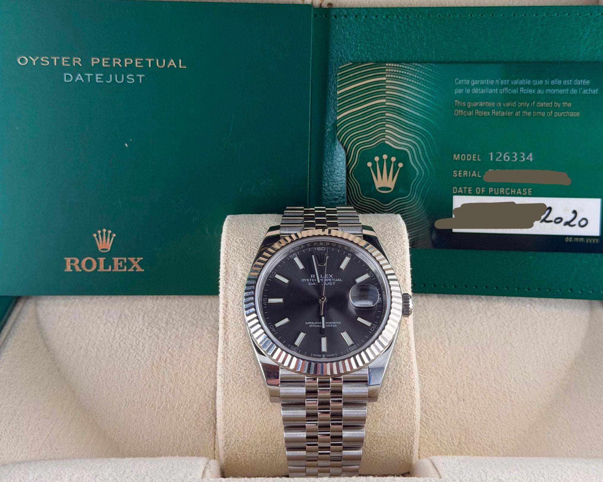 Rolex Datejust 41 mm, Rhodium, am Jubilee-Armband, Komplettset