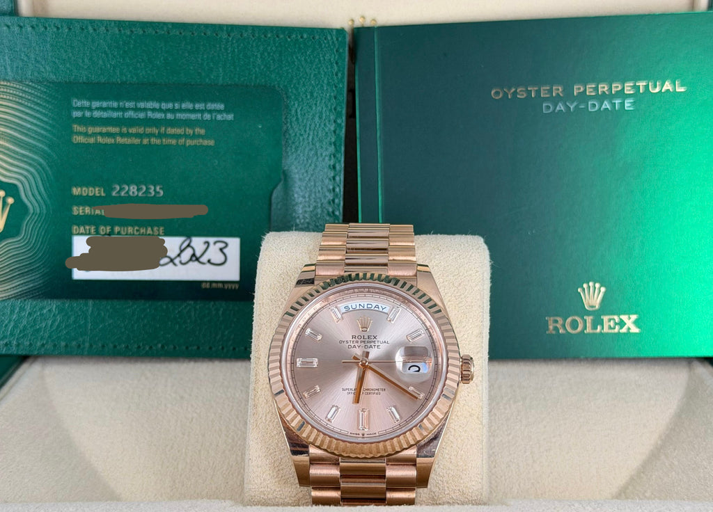 Rolex Day-Date 40 Baguette Sundust Zifferblat Box und Papieren