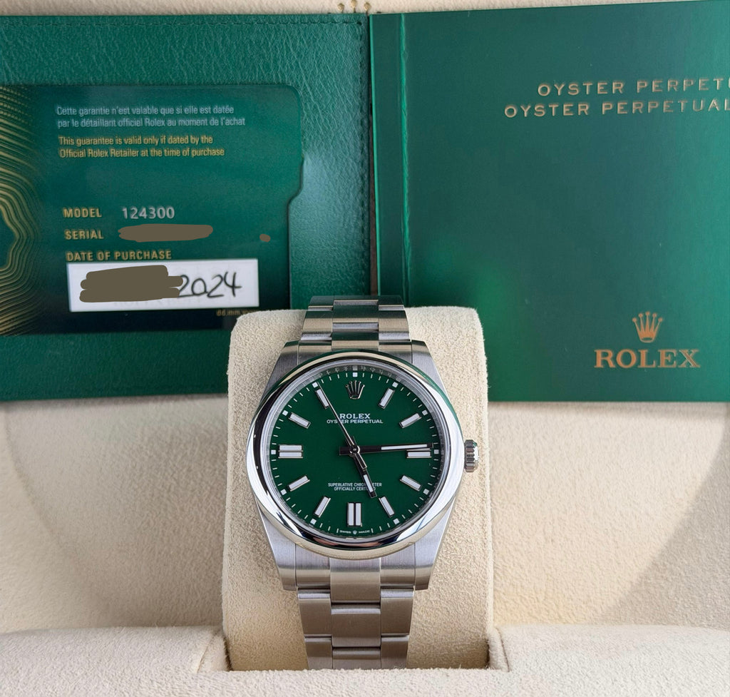 Rolex Oyster Perpetual Grün 2024 Full Set in neuwertigem Zustand